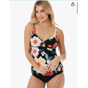 Dreamsuit by Miracle Brands Black Floral Swim Tankini Top Size 10 NWT